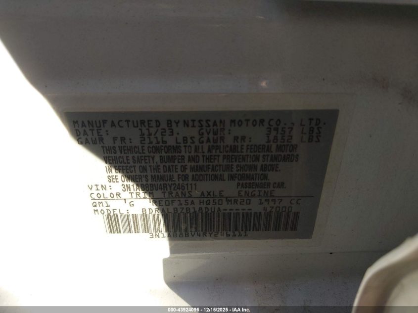 2024 Nissan Sentra S Xtronic Cvt VIN: 3N1AB8BV4RY246111 Lot: 43924096