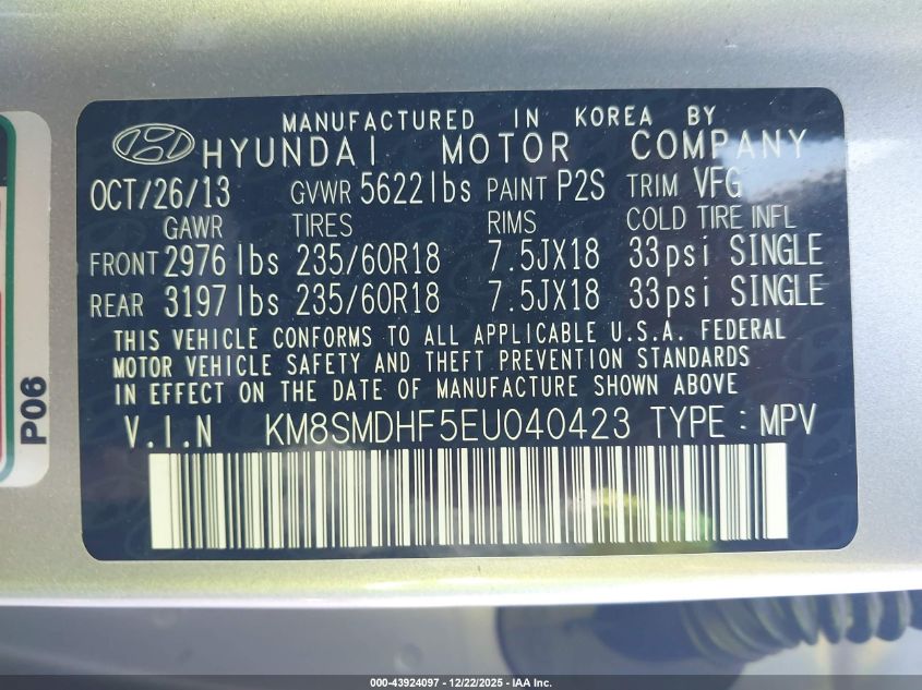 2014 Hyundai Santa Fe Gls VIN: KM8SMDHF5EU040423 Lot: 43924097