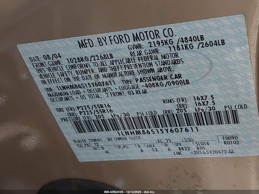 2005 Lincoln Ls V6 VIN: 1LNHM86S15Y607611 Lot: 43924105