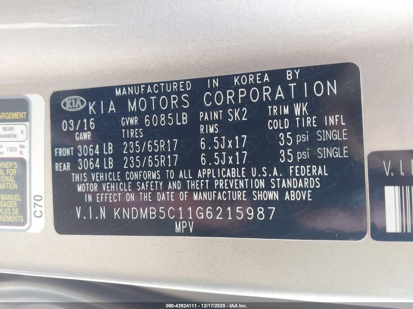 2016 Kia Sedona Lx VIN: KNDMB5C11G6215987 Lot: 43924111