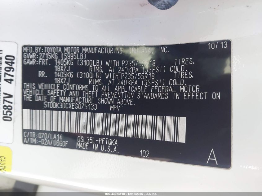 2014 Toyota Sienna Limited 7 Passenger VIN: 5TDDK3DCXES075133 Lot: 43924118