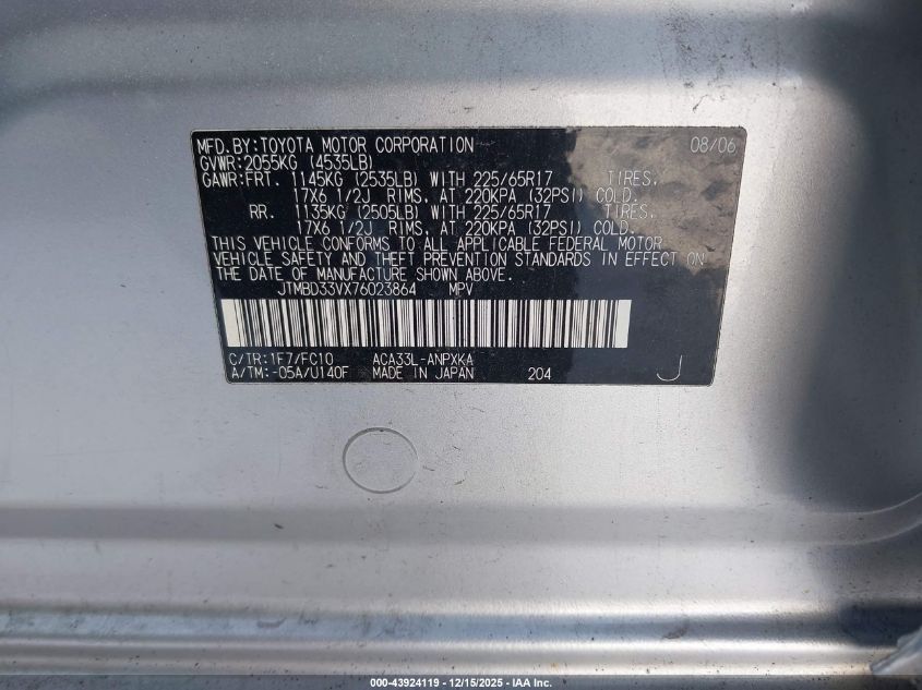 2007 Toyota Rav4 VIN: JTMBD33VX76023864 Lot: 43924119