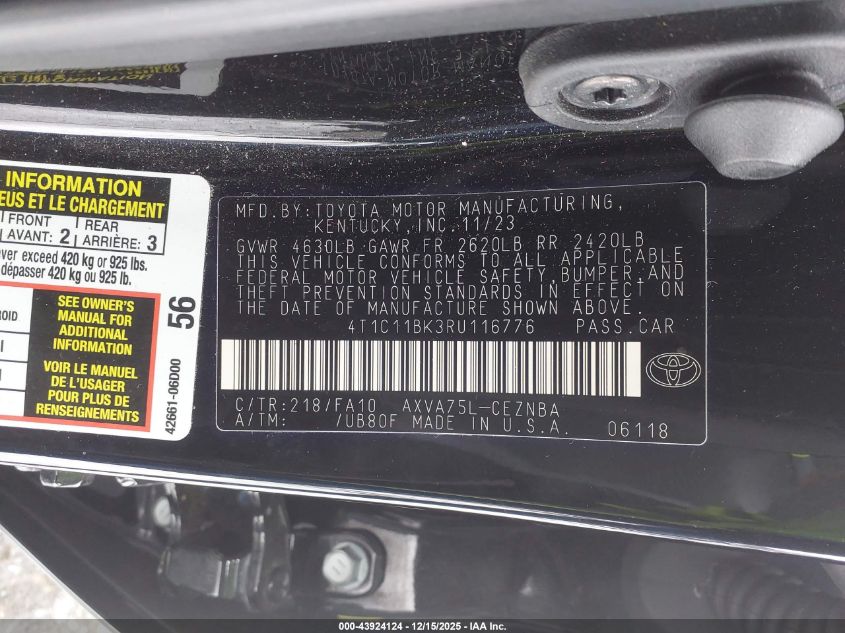 2024 Toyota Camry Le VIN: 4T1C11BK3RU116776 Lot: 43924124