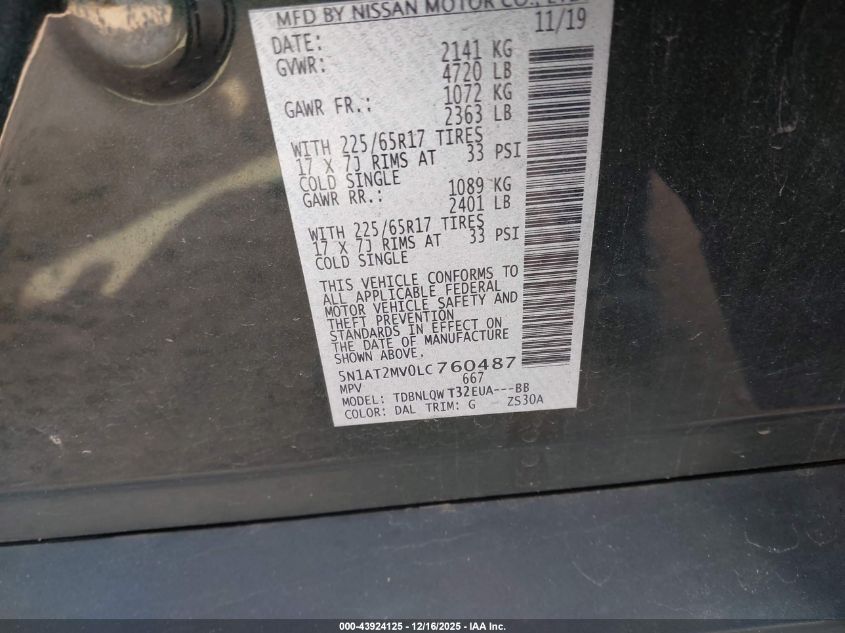 2020 Nissan Rogue Sv Intelligent Awd VIN: 5N1AT2MV0LC760487 Lot: 43924125