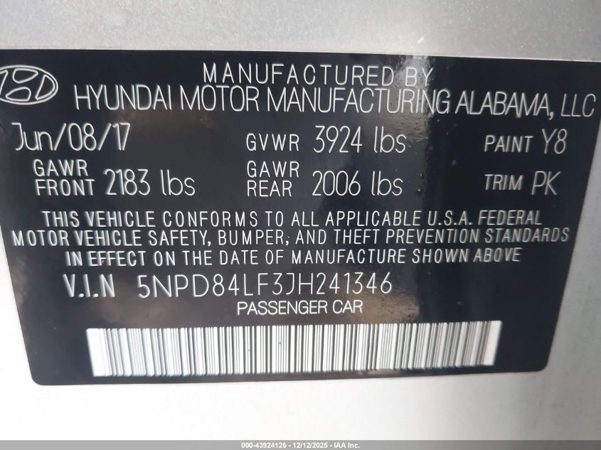 2018 Hyundai Elantra Sel VIN: 5NPD84LF3JH241346 Lot: 43924126