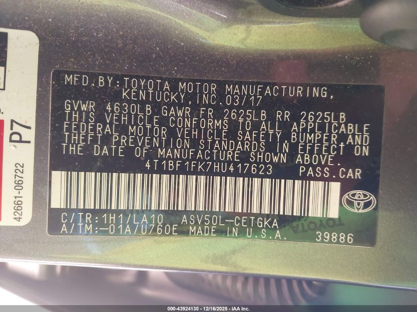 2017 Toyota Camry Xle VIN: 4T1BF1FK7HU417623 Lot: 43924130