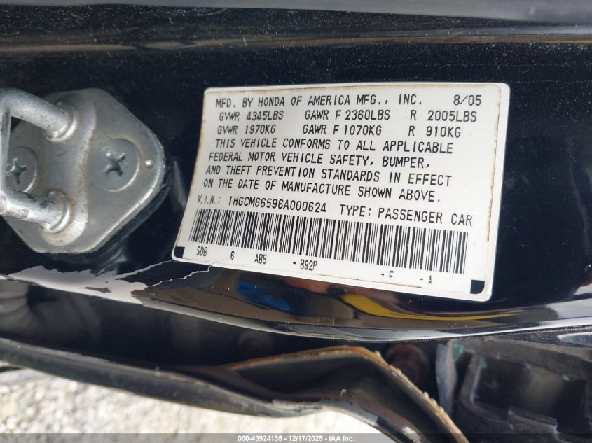 2006 Honda Accord 3.0 Ex VIN: 1HGCM66596A000624 Lot: 43924135