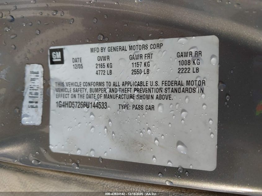 2006 Buick Lucerne Cxl VIN: 1G4HD57266U144533 Lot: 43924142