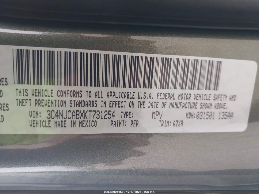 2019 Jeep Compass Sport Fwd VIN: 3C4NJCABXKT731254 Lot: 43924150