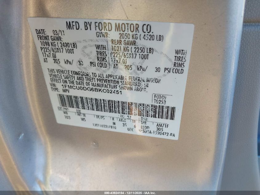 2011 Ford Escape Xlt VIN: 1FMCU0DG6BKC02451 Lot: 43924154