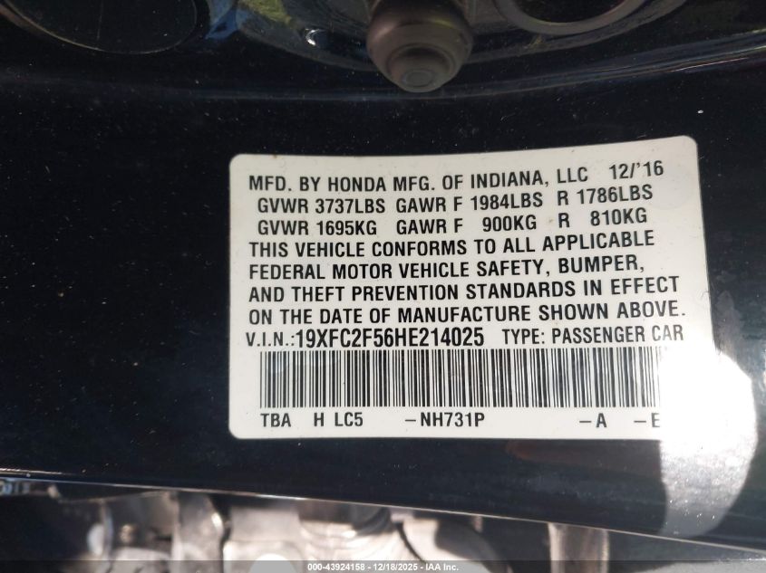 2017 Honda Civic Lx VIN: 19XFC2F56HE214025 Lot: 43924158