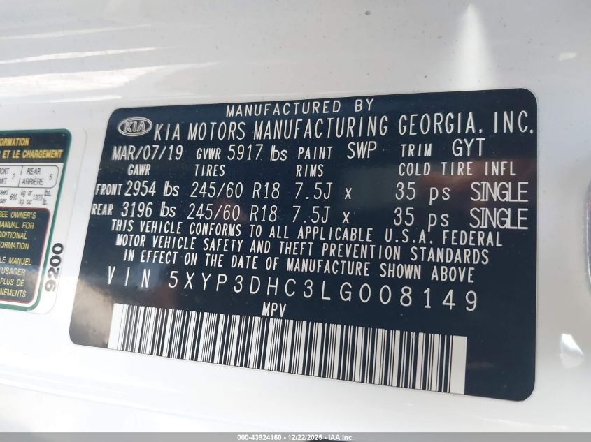 2020 Kia Telluride Ex VIN: 5XYP3DHC3LG008149 Lot: 43924160