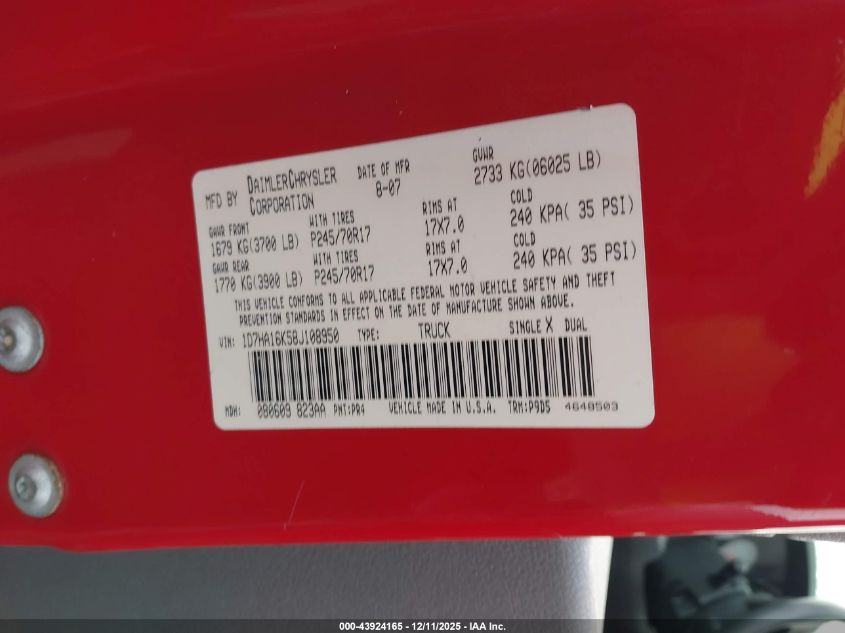 2008 Dodge Ram 1500 St/Sxt VIN: 1D7HA16K58J108950 Lot: 43924165