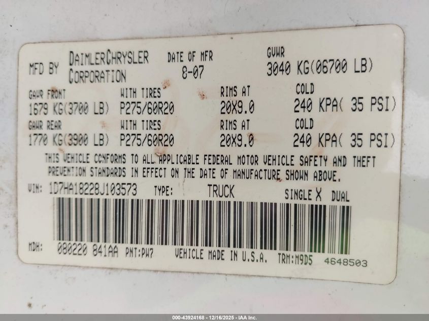 2008 Dodge Ram 1500 Slt VIN: 1D7HA18228J103573 Lot: 43924168