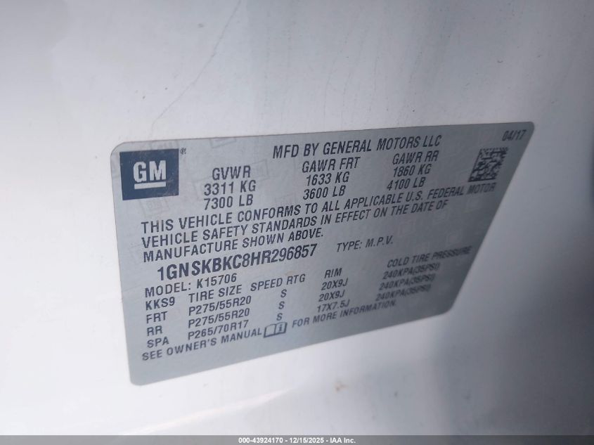 2017 Chevrolet Tahoe Lt VIN: 1GNSKBKC8HR296857 Lot: 43924170