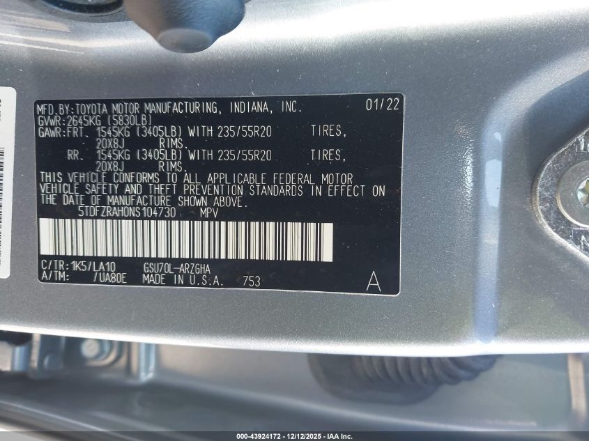 2022 Toyota Highlander Platinum VIN: 5TDFZRAH0NS104730 Lot: 43924172