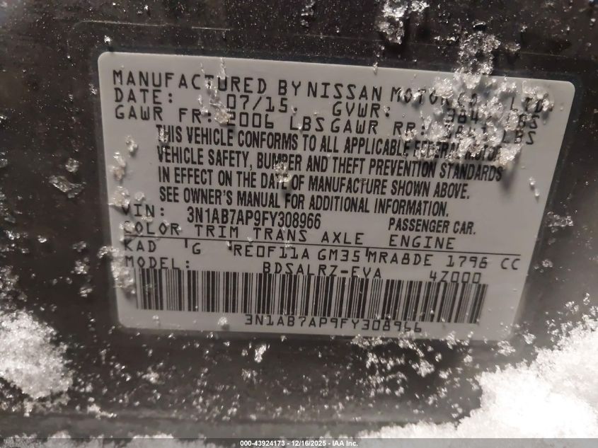 2015 Nissan Sentra Sr VIN: 3N1AB7AP9FY308966 Lot: 43924173