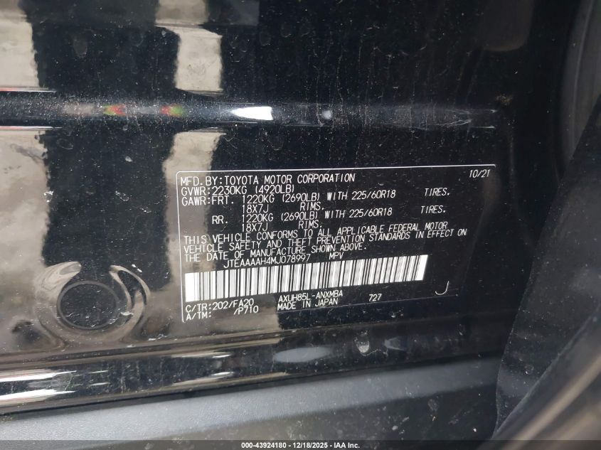 2021 Toyota Venza Le VIN: JTEAAAAH4MJ078997 Lot: 43924180