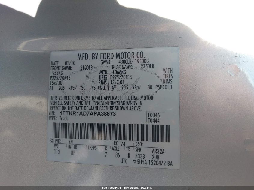 2010 Ford Ranger Xl/Xlt VIN: 1FTKR1AD7APA38873 Lot: 43924181