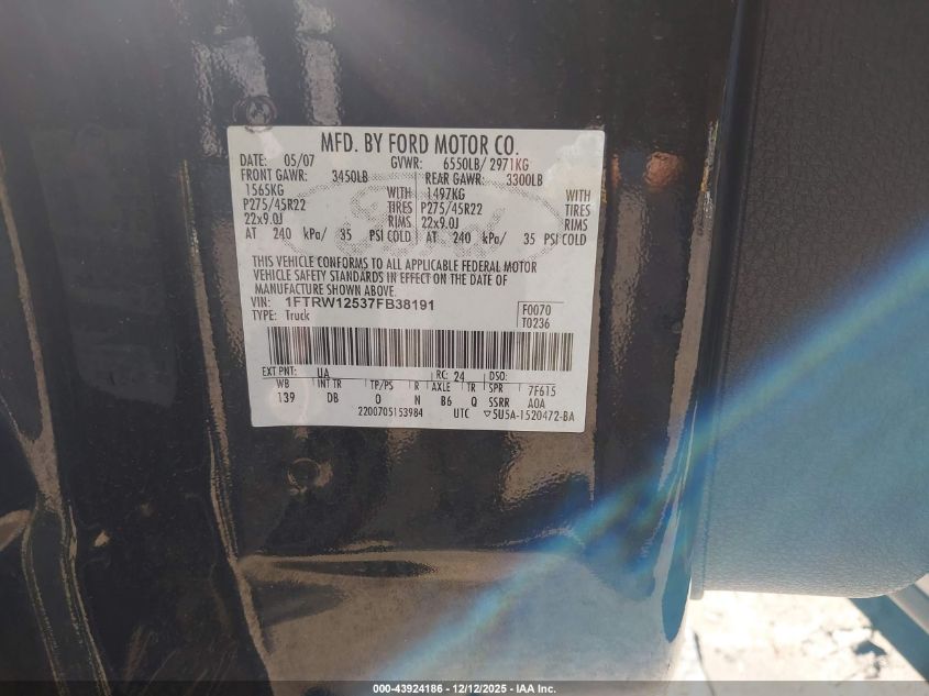 2007 Ford F-150 Lariat VIN: 1FTRW12537FB38191 Lot: 43924186