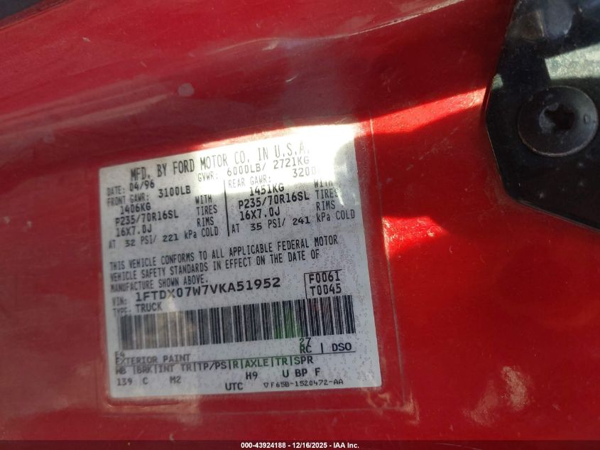 1997 Ford F-150 Lariat/Xl/Xlt VIN: 1FTDX07W7VKA51952 Lot: 43924188