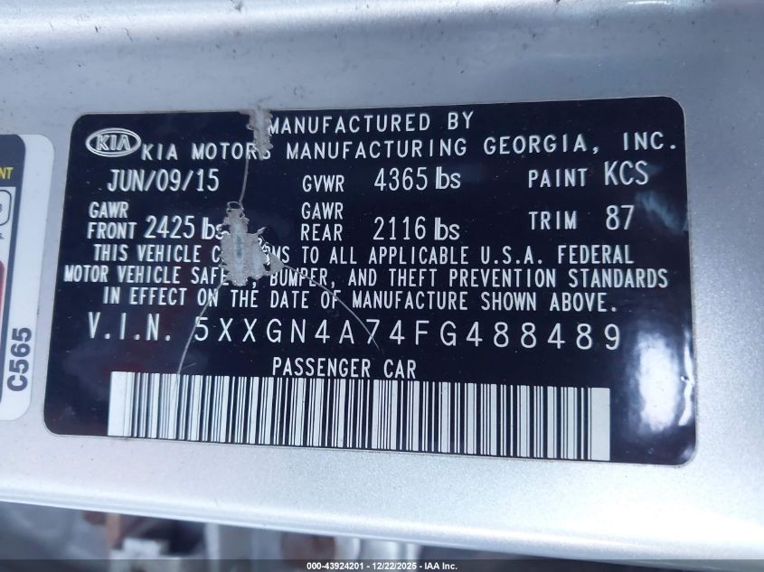 2015 Kia Optima Ex VIN: 5XXGN4A74FG488489 Lot: 43924201