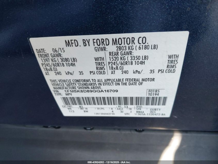 2016 Ford Explorer Xlt VIN: 1FM5K8D89GGA16709 Lot: 43924202