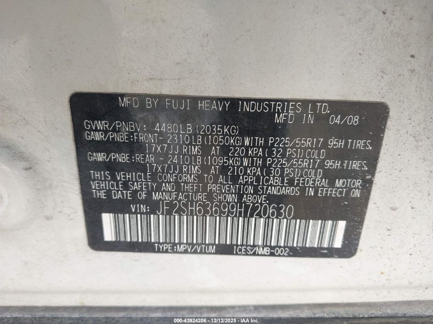 2009 Subaru Forester 2.5X VIN: JF2SH63699H720630 Lot: 43924206