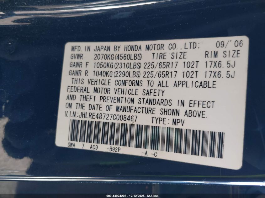 2007 Honda Cr-V Ex-L VIN: JHLRE48727C008467 Lot: 43924208