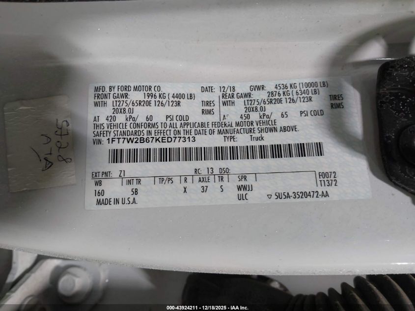 2019 Ford F-250 Lariat VIN: 1FT7W2B67KED77313 Lot: 43924211
