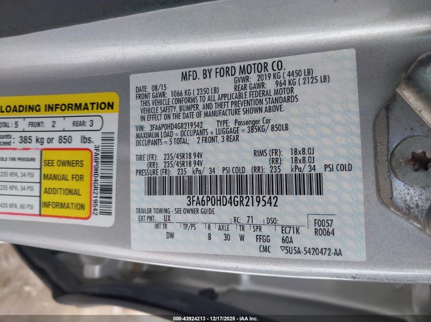 2016 Ford Fusion Se VIN: 3FA6P0HD4GR219542 Lot: 43924213