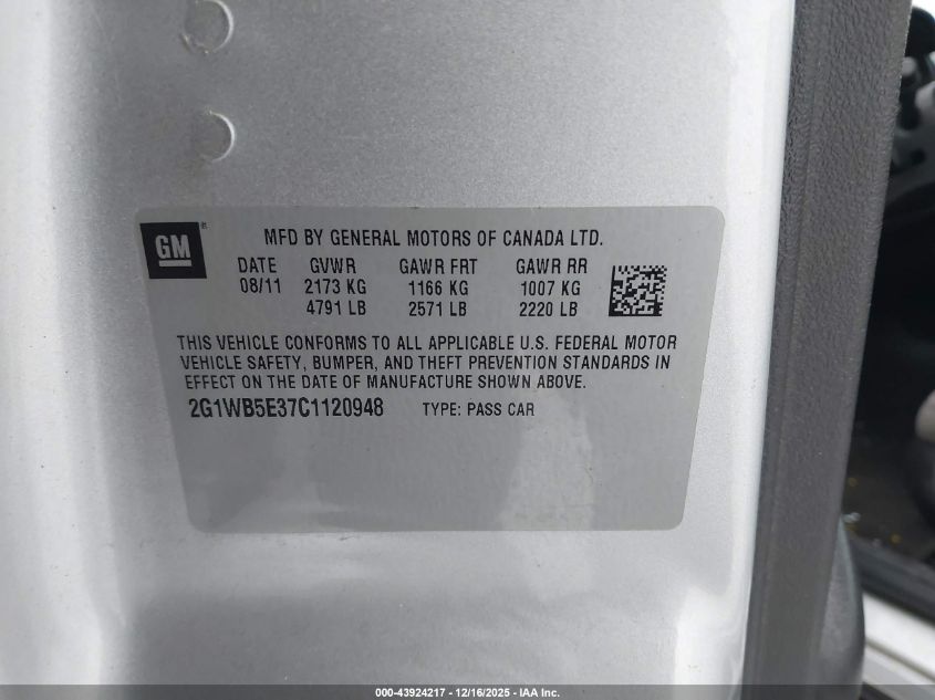 2012 Chevrolet Impala Lt VIN: 2G1WB5E37C1120948 Lot: 43924217