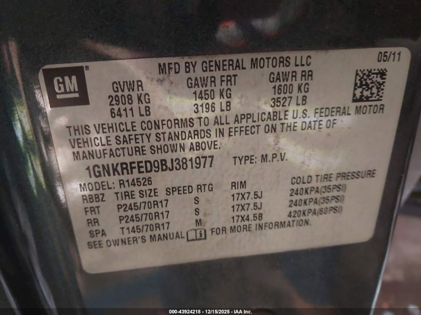 2011 Chevrolet Traverse Ls VIN: 1GNKRFED9BJ381977 Lot: 43924218