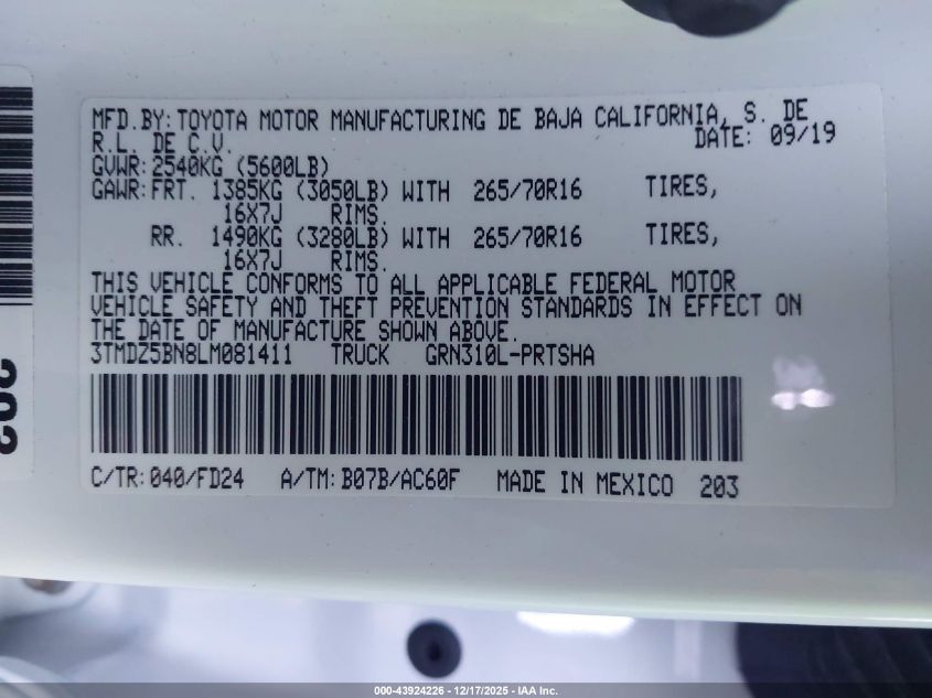 2020 Toyota Tacoma Trd Off-Road VIN: 3TMDZ5BN8LM081411 Lot: 43924226