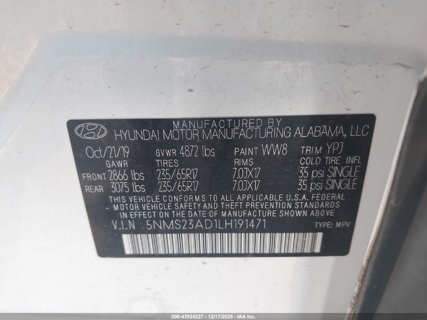 2020 Hyundai Santa Fe Se VIN: 5NMS23AD1LH191471 Lot: 43924227