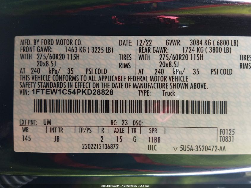 2023 Ford F-150 Xl VIN: 1FTEW1C54PKD28828 Lot: 43924231