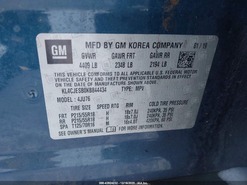 2019 Buick Encore Awd Preferred VIN: KL4CJESB0KB844434 Lot: 43924232