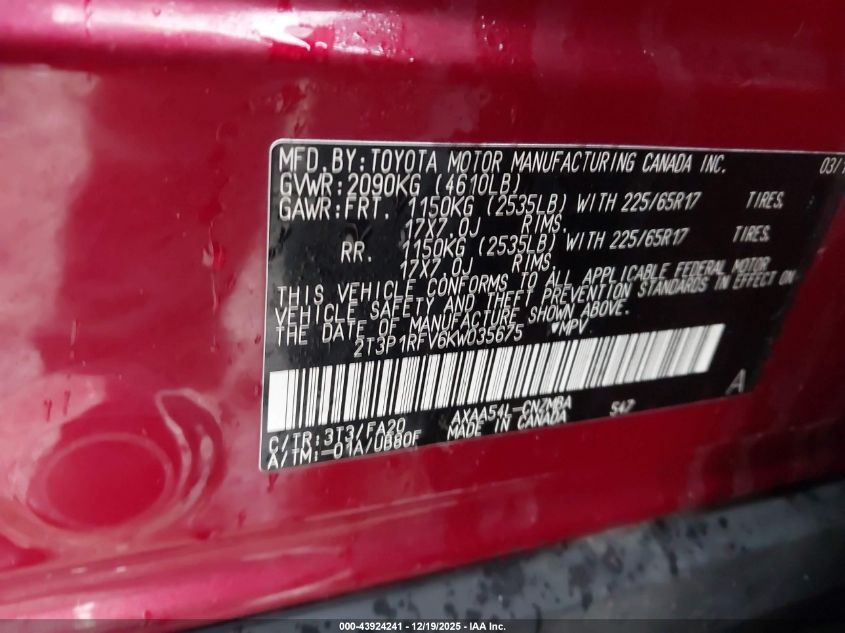 2019 Toyota Rav4 Xle VIN: 2T3P1RFV6KW035675 Lot: 43924241