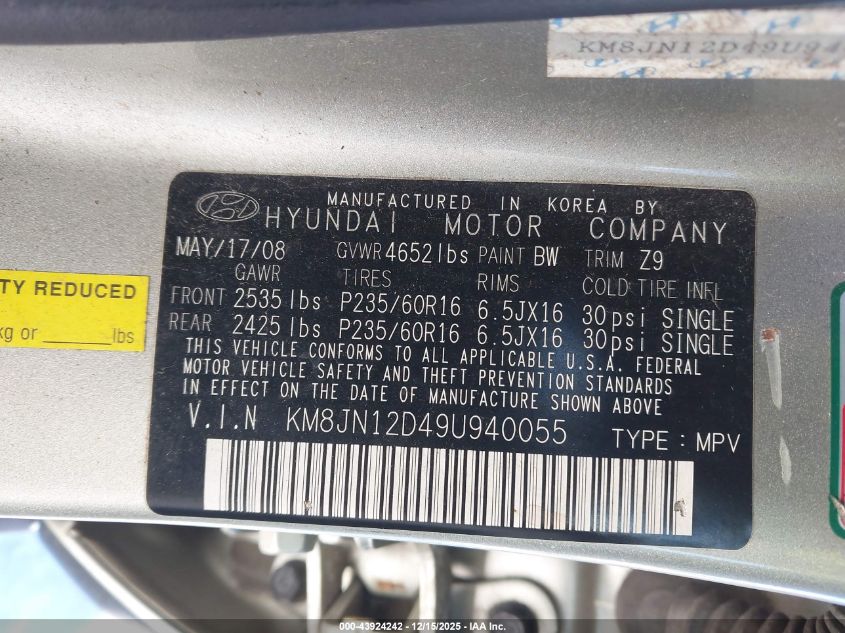 2009 Hyundai Tucson Se VIN: KM8JN12D49U940055 Lot: 43924242