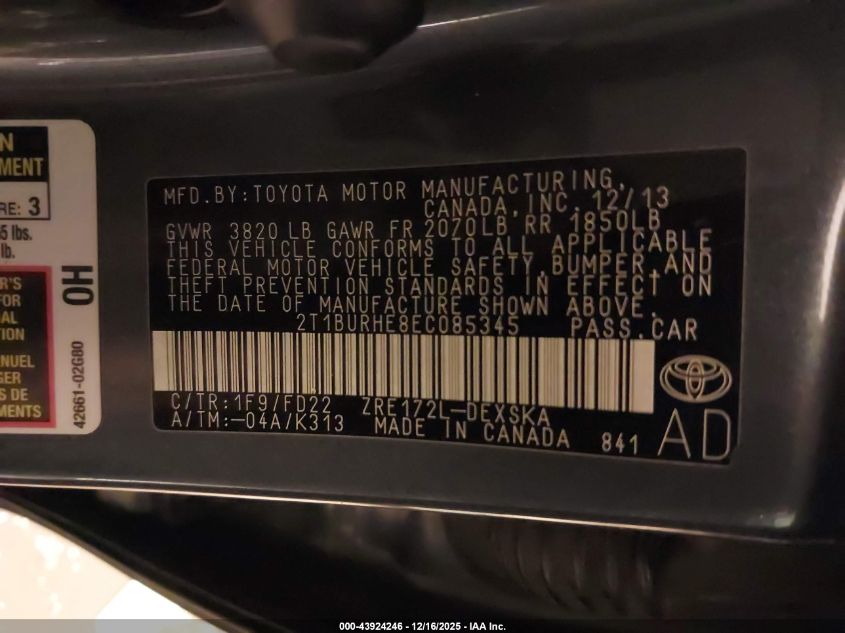 2014 Toyota Corolla S Plus VIN: 2T1BURHE8EC085345 Lot: 43924246