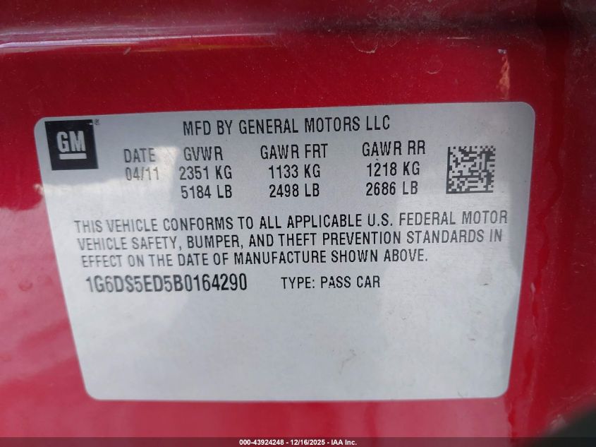 2011 Cadillac Cts Premium VIN: 1G6DS5ED5B0164290 Lot: 43924248
