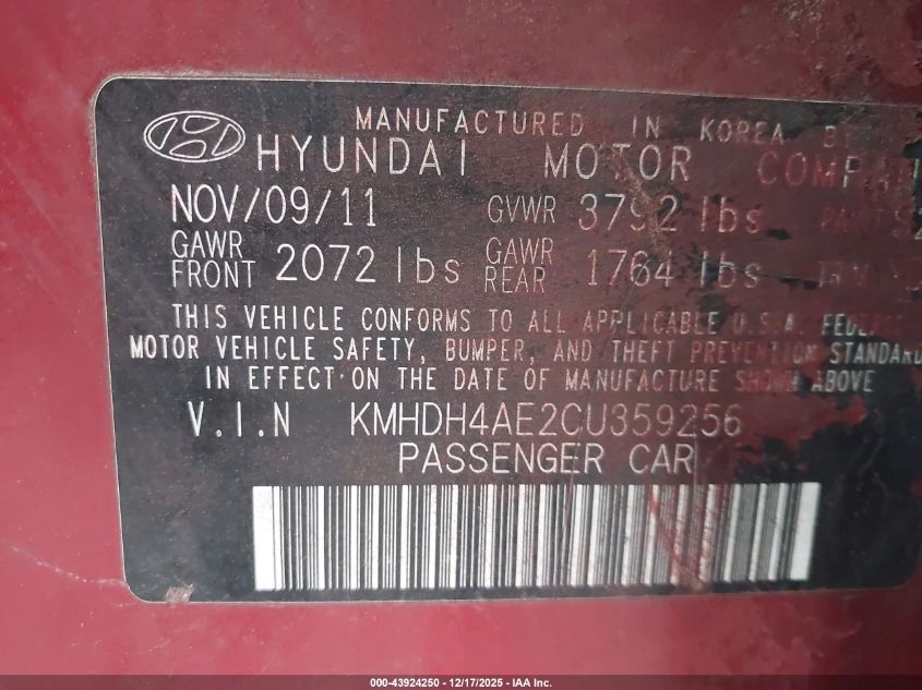 2012 Hyundai Elantra Limited (Ulsan Plant) VIN: KMHDH4AE2CU359256 Lot: 43924250