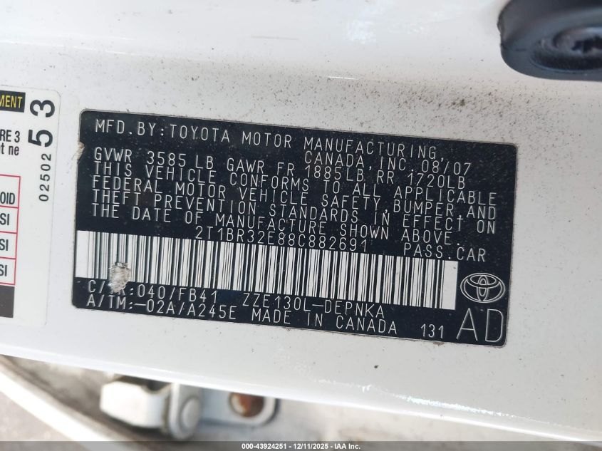 2008 Toyota Corolla Le VIN: 2T1BR32E88C882691 Lot: 43924251