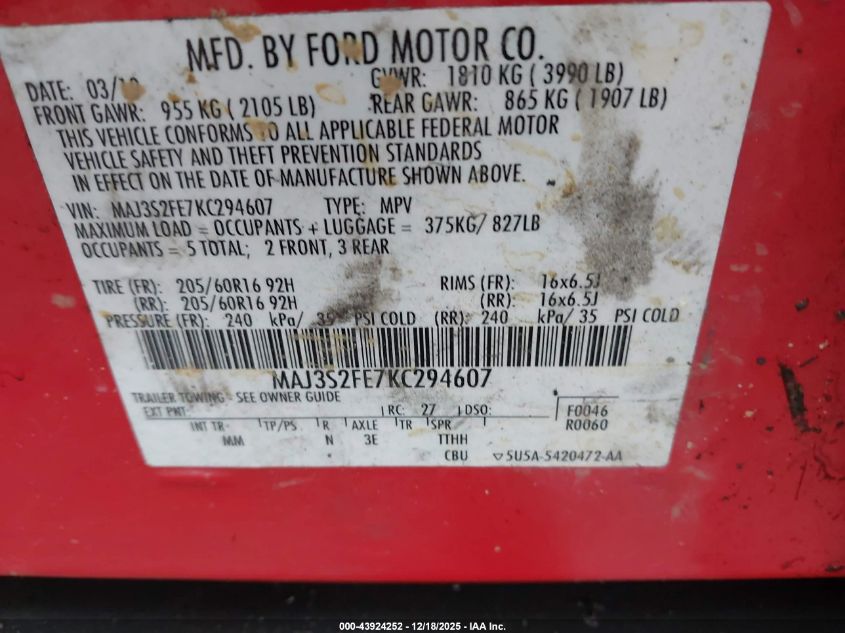 2019 Ford Ecosport S VIN: MAJ3S2FE7KC294607 Lot: 43924252