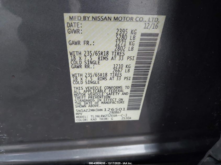 2017 Nissan Murano Sl VIN: 5N1AZ2MH3HN126501 Lot: 43924255