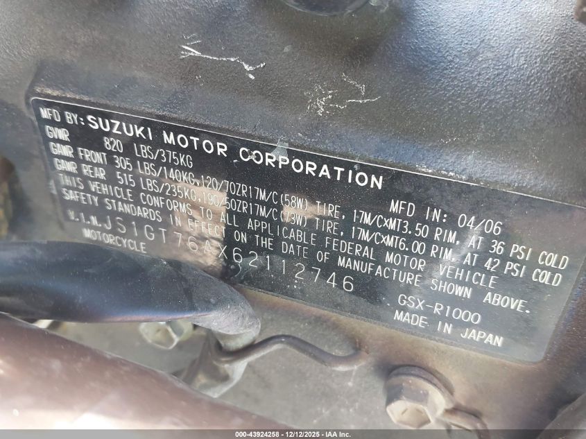 2006 Suzuki Gsx-R1000 VIN: JS1GT76AX62112746 Lot: 43924258