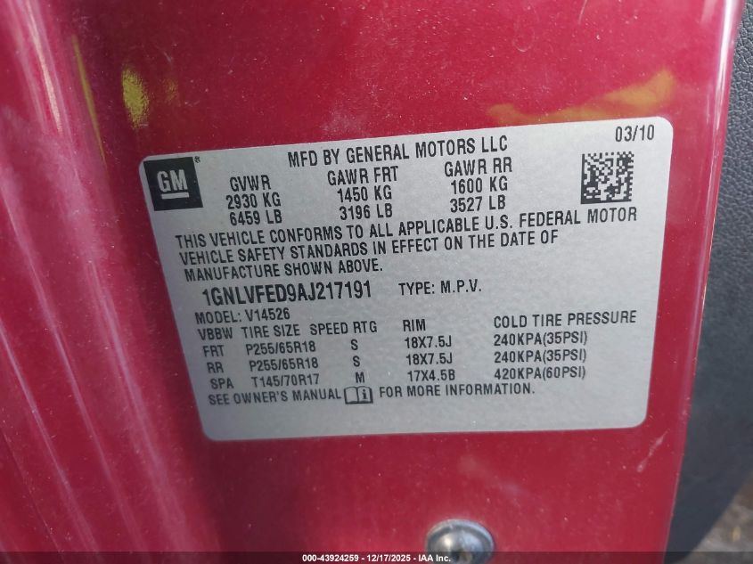 2010 Chevrolet Traverse Lt VIN: 1GNLVFED9AJ217191 Lot: 43924259