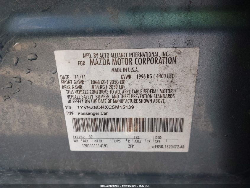2012 Mazda Mazda6 I Touring VIN: 1YVHZ8DHXC5M15139 Lot: 43924260
