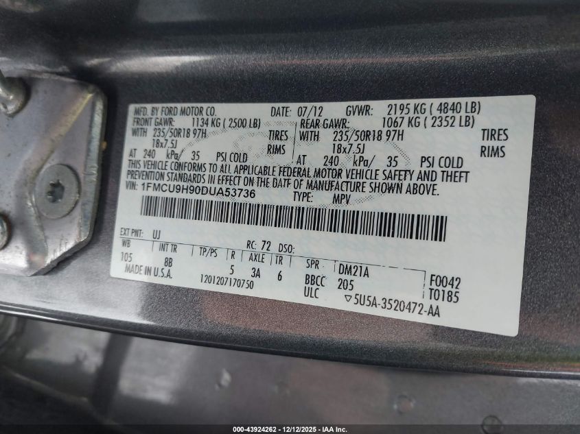 2013 Ford Escape Sel VIN: 1FMCU9H90DUA53736 Lot: 43924262