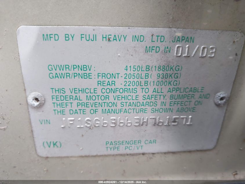 2003 Subaru Forester X VIN: JF1SG63663H761571 Lot: 43924261